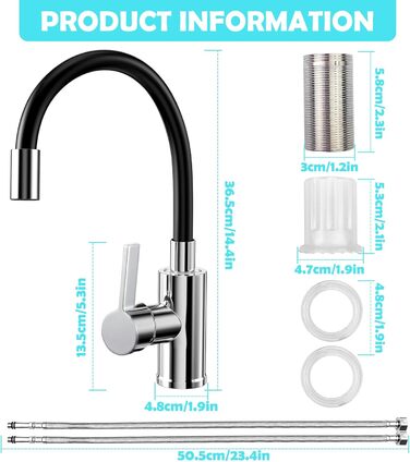 Чорний кухонний змішувач з гнучким виливом, 360° поворот, однорідний, з економічним аератором, нержавіюча сталь