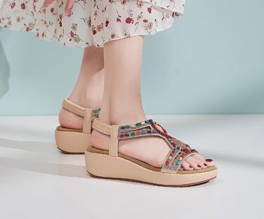 Босоніжки жіночі літні на танкетці Keilsandalen Aprikose 35 EU. Елегантні босоніжки з камінням та перлами для пляжу, висота танкетки 5 см