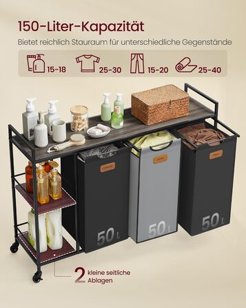 VASAGLE Laundry Basket with 3 Compartments, Laundry Collector 150 L, Laundry Sorter, Wheels, Laundry Cart with Shelves, Laundry Bag, with Removable Bags, 6 Labels, Chestnut Brown-Ink Black-Dove Gray BLH312B01