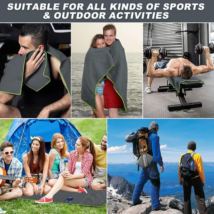 Набір рушників з мікрофібри: великий (180x80 см), спортивний (100x50 см), пляжний (80x40 см). Колір: темно-сірий та зелений