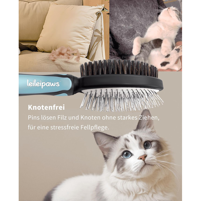 Двостороння щітка для собак та котів - розпушувач для довгої та короткої шерсті, металеві щетинки та натуральна щетина, ергономічна ручка TPR, м'який та ефективний догляд за шерстю (Синьо-Чорний)