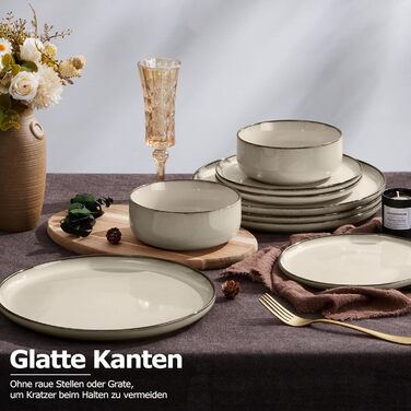 Набір посуду Onader для 6 осіб (18 предметів), керамічний сервіз, 6 тарілок для їжі, десертних тарілок, мисок для каші, стійкий до миття в посудомийній машині та подряпин (Karst Khaki)