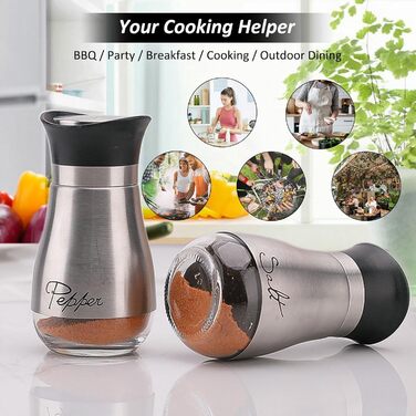 Набір для солі та перцю: скляні та нержавіючі солянки та перечниці, кухонне приладдя, контейнери для спецій чорного та білого кольорів для кухні, подорожей, кемпінгу, барбекю, що заповнюються