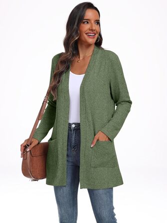 Жіночий в'язаний кардиган QIXING з кишенями | Легкий, елегантний, теплий | Зелений | для осені та зими