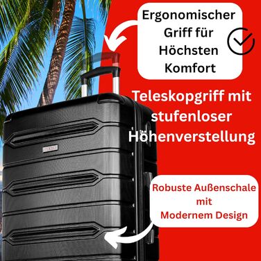 Валіза NOWI Rhodos – 3-секційний набір, жорсткий корпус ABS, кодовий замок, 4 колеса, розширювана, 360° обертання, легка та міцна. Розміри: M, L, XL (Чорний, SET)