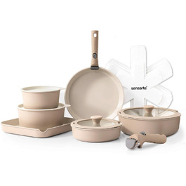 SENSARTE 17-Piece Ceramic Nonstick Cookware Set with Detachable Handle - Induction Compatible, Dishwasher Safe (Beige)