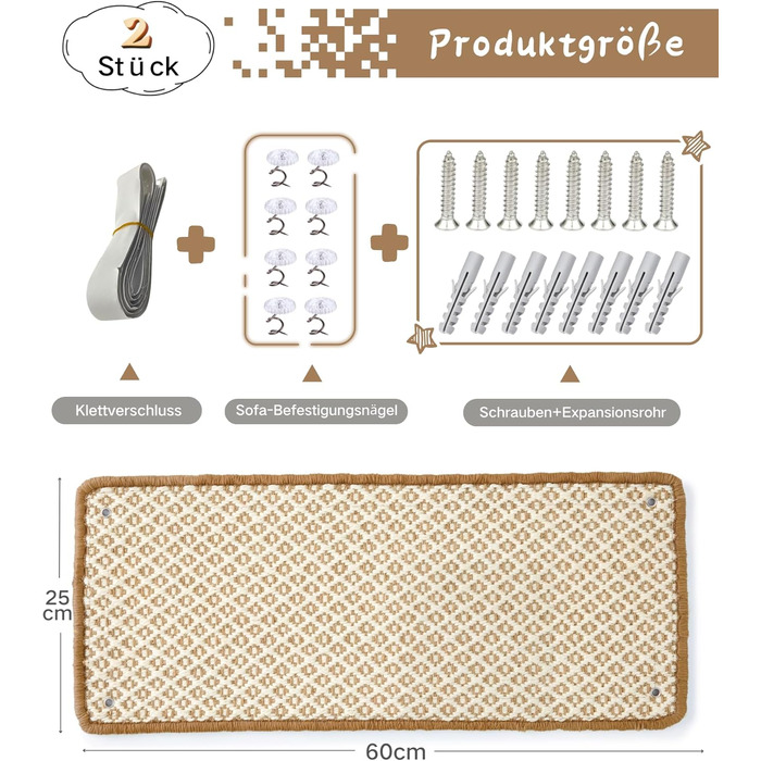 Килимок для котів JanYoo від подряпин, сизаль, 60x25 см (2 шт.), коричневий/бежевий