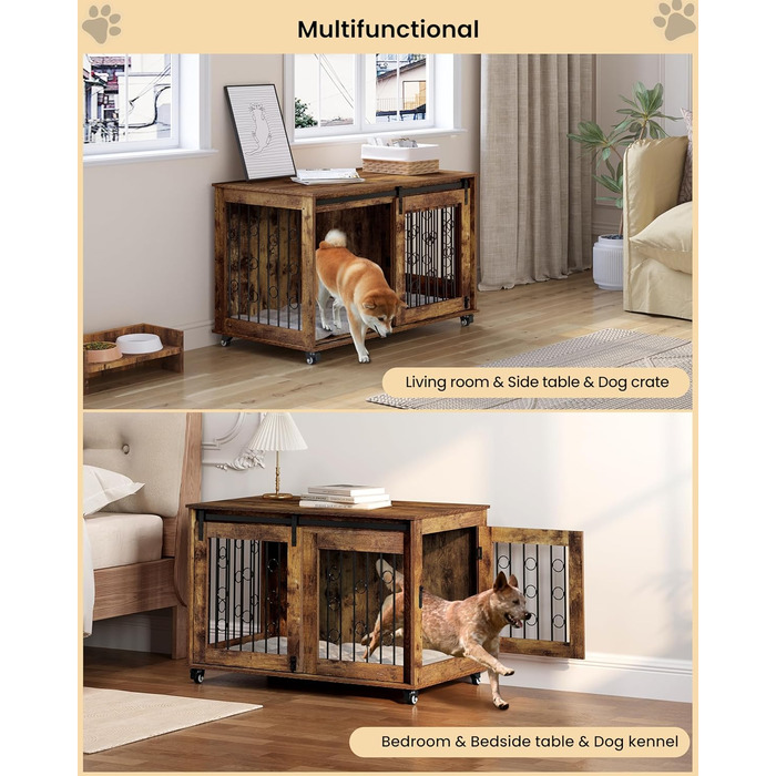 Клітка для собак EUGAD, 100 см, з 2 дверцятами та 5 колесами, для великих, середніх та маленьких собак, декоративна переноска для дому, вінтажний коричневий колір