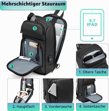 Чоловіча сумка-слінг Crossbody через плече, водонепроникна нагрудна сумка з USB-портом для подорожей, роботи та спорту, чорна