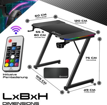 Ігровий стіл KESSER Gaming 120x60 см, Z-подібний комп'ютерний стіл з вуглецевим покриттям, підсвіткою LED, підставкою для напоїв та гачком для навушників, чорний