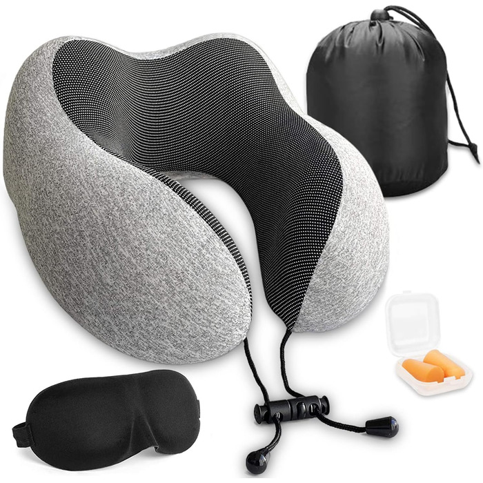 Подушка для шиї Wolke sieben з піною з пам'яті для подорожей (літак, авто) з маскою для сну та навушниками, сіра