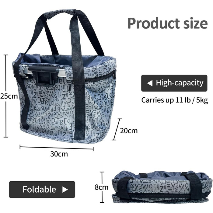 Складаний водонепроникний кошик на кермо велосипеда, знімний, з алюмінієвого сплаву, для собак та котів, для походів, пікніків та покупок (Чорний/Сірий)