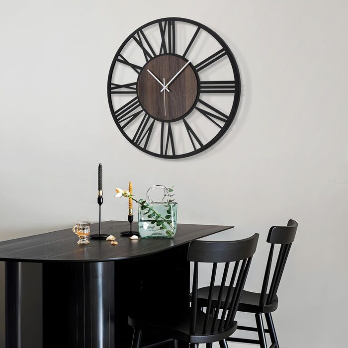 HAITANG Round Wall Clock, Black, 34 cm, for Living Room, Decoration, Vintage Style, Roman Numerals, Silent, Non-Ticking, Wall Clocks for Home, Garden, Office, Cafe Decoration (50 cm, Black)
