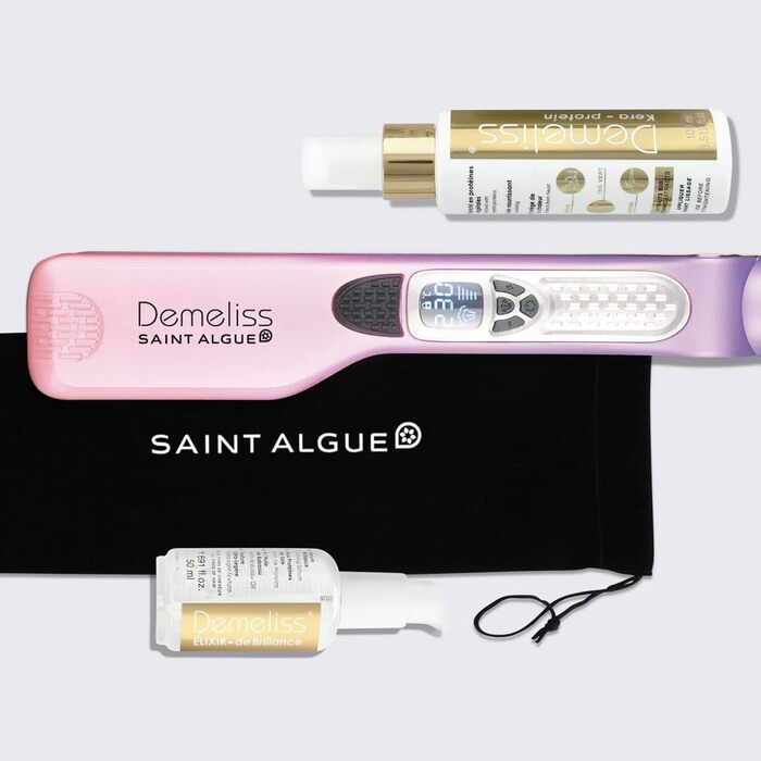 Випрямляч для волосся Demeliss SAINT ALGUE TITANIUM DREAM EDITION з титановим покриттям, плаваючі пластини, потужний пар, знімний гребінець, XL-резервуар 40 мл, рожевий/фіолетовий