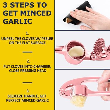 Преміум-нічна прес для часнику з нержавіючої сталі – прес для часнику, подрібнювач та очищувач, набір, стійкий до миття в посудомийній машині та іржавіння (Рожевий)