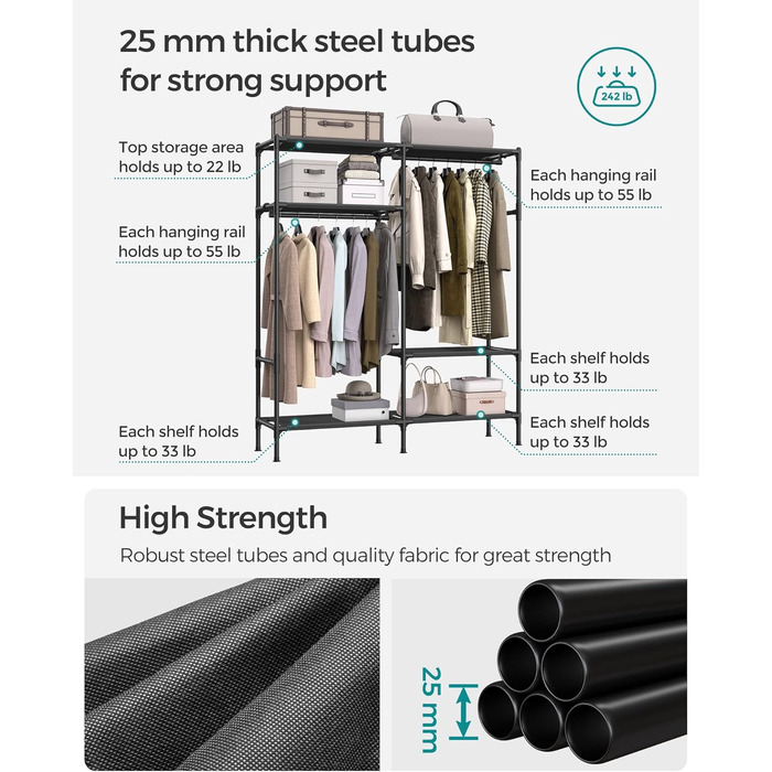 SONGMICS Robuster стійка для одягу, 165 см, чорна, з полицями та штангами, загальне навантаження 109,8 кг, для гардеробу, спальні