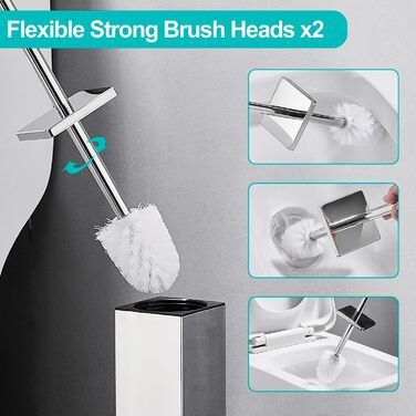 Набір для туалету ALFKET: щітка та тримач, нержавіюча сталь, з захистом від бризок, квадратна форма, з додатковою насадкою, 8x8x42.5 см, срібний