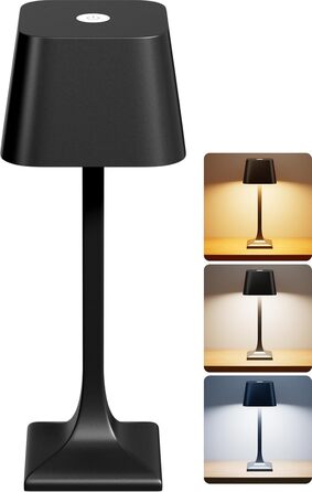 LED настільна лампа бездротова диммируемая торканням - 3 колірні температури, 5200mAh акумулятор, зарядка USB-C, водонепроникність IP54, алюміній, для дому та вулиці, нічник, настільна лампа для їдальні, робочий стіл (чорний)