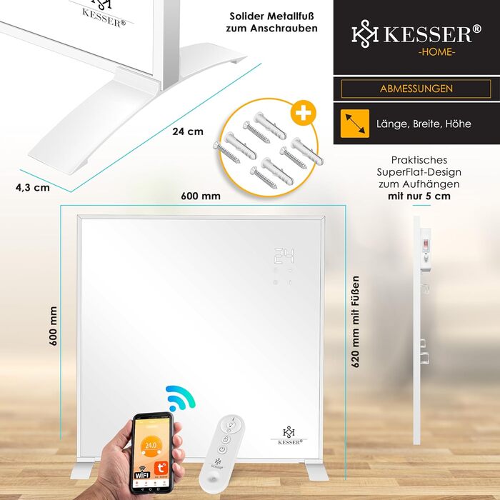KESSER інфрачервоний обігрівач 350 Вт, електричний, настінний і підлоговий, з термостатом, дистанційним керуванням та керуванням через додаток, енергоощадний, білий