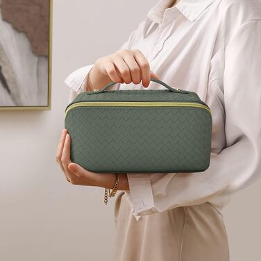 Косметичка для подорожей з PU шкіри, велика містка, водонепроникна, органайзер для туалетних аксесуарів (зелений колір, плетіння)