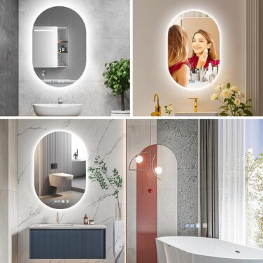 Дзеркало для ванної кімнати Viugreum з підсвічуванням 50x75 см, овальне LED дзеркало з регулюванням яскравості, 3 кольори світла, протитуманне покриття, годинник, сенсорне управління