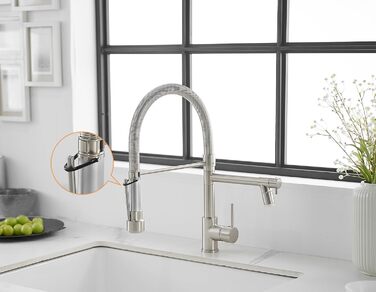 LED кухонний змішувач з спіральною пружиною, поворотний на 360°, з двома виливами, висувний, для кухні, з високим тиском, з нержавіючої сталі, LED, матове нікелювання