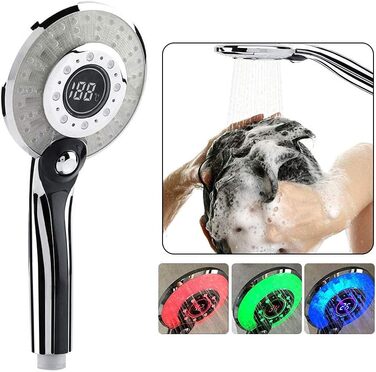 LED Shower Head, Rain Shower with 3 Color Changing Lights, Temperature Control, Handheld Shower with Digital Temperature Display, Large, Water-Saving, Pressure-Boosting Shower Head, Chrome