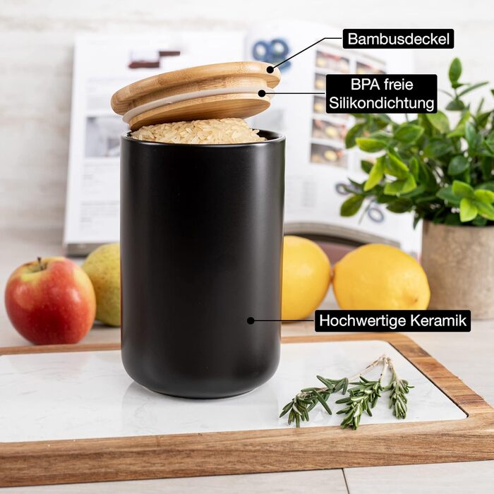 Керамічна банка Moritz & Moritz 600 мл з бамбуковою кришкою, чорна, для зберігання продуктів, підписна, для кави, круп, борошна або ванних аксесуарів