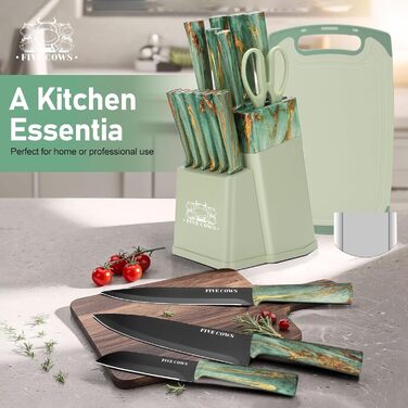 Набір кухонних ножів Messerblock з 16 частинами: ножі, обробна дошка, захист пальців, точилка та кухорізаки. Професійний набір для дому (зелений)