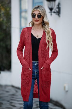 Кардиган жіночий GRECERELLE літній ажурний червоний, розкритий, довгий рукав (M)
