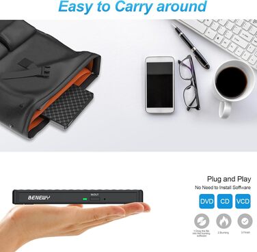 Зовнішній DVD CD привід BENEWY USB 3.0 та Type-C, портативний DVD-плеєр та записувач +/-RW для ноутбука, ПК, MacBook (Windows, Linux, Mac), чорний