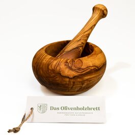 Ступка з товкачем з натурального оливкового дерева DAS OLIVENHOLZBRETT, діаметр 18 см, для спецій, трав та песто