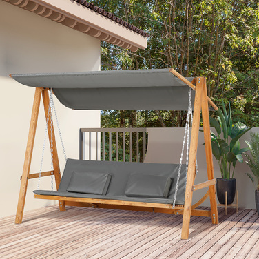 Outsunny 2-Seater Hollywood Swing with Bed Function, Garden Swing with Canopy, Wooden Garden Swing, 225.5 x 113 x 180 cm, Grey, Teak