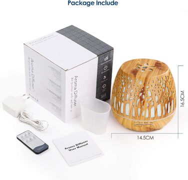 Дифузор Aroma Simpeak 400 мл, ультразвуковий аромадифузор з дерева для ефірних олій, зволожувач повітря з пультом дистанційного керування - дерев'яна різьба, світло-коричневий, легке дерево