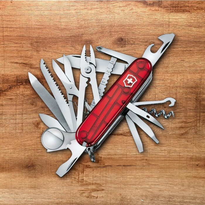 Мультитул Victorinox Swiss Champ: 33 функції, ніж, коркомаг, викрутка (прозорий червоний)