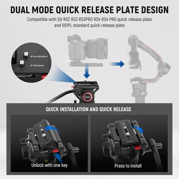 NEEWER Штатив відео професійний 74' з Fluid-головкою, сумісний з DJI RS, для DSLR, вантажопідйомність 8кг (LL27)