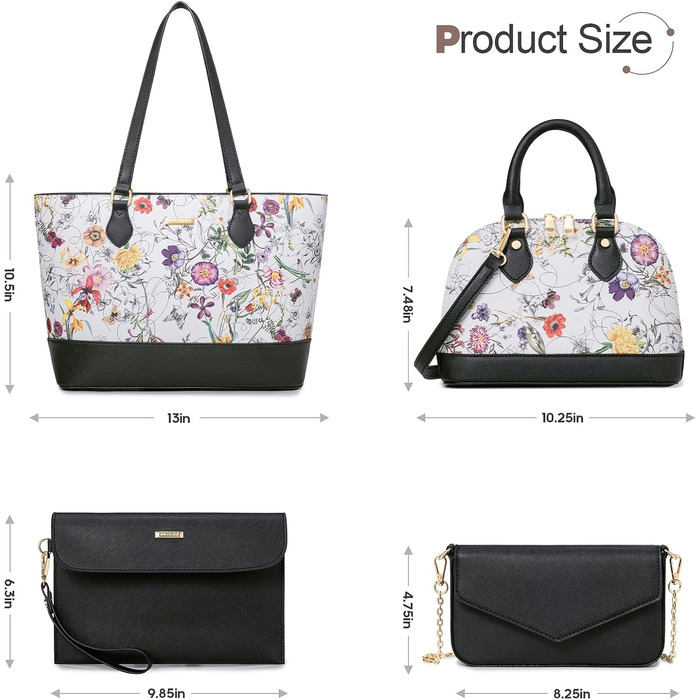 Bagsure Сумка жіноча 4 в 1: сумка-шопер, сумка на плече, ділова сумка для офісу, школи, подорожей (квітковий принт)