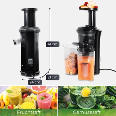 KLAMER Slow Juicer Vegetables and Fruit, Juicer with Reverse Function, Electric Fruit Press with Brush and 2 Containers, Sleek Design, Black