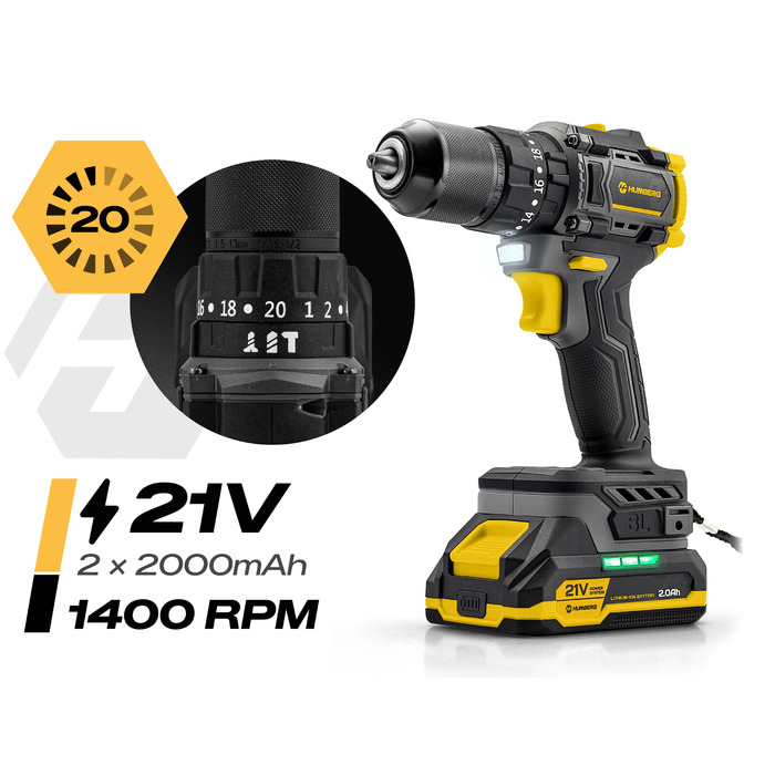 Акумуляторний дриль-шурупокрут HUMBERG HM-432 21V + 2 акумулятори, надпотужний