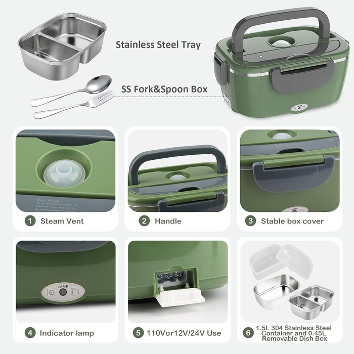 Electric Lunch Box 100W, 3-in-1 Portable Heated Lunch Box, 1.5L Stainless Steel Removable Food Container, 12V/24V/220V Insulated Food Warmer Box for Car/Truck/Office (Green & Gray, 1.5 L)