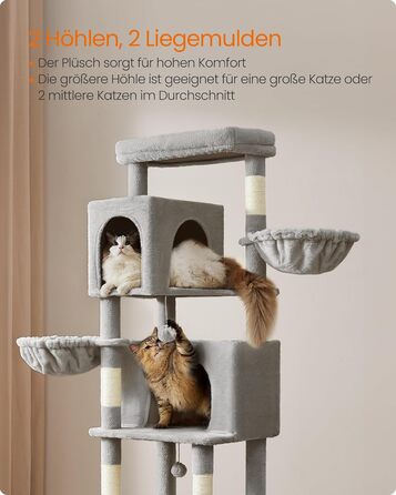 Дім для кота Feandrea, 175 см, XL, багатоярусний з 2 печерами, 2 лежаками, 5 стовпчиками для дряпання, щіткою для котів, великою платформою, PCT182G01 (XXL, таунграу)