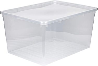 Kreher XXL Storage Box with Lid made of Plastic in Transparent. Holds approximately 135 liters. Dimensions approximately 78 x 56 x 41 H cm.