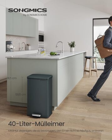 Відро для сміття SONGMICS 40 л з педаллю, сталеве, Softclose, сірий антрацит, з мішками (LTB540A02)