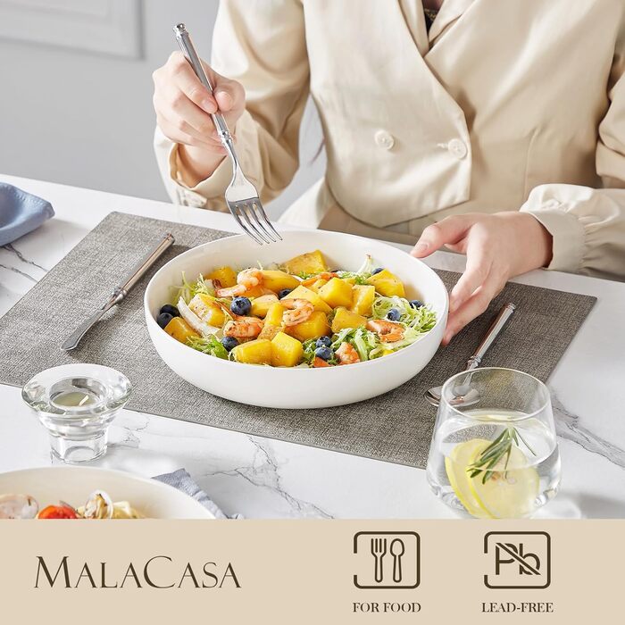 MALACASA Muesli Bowls 4-Piece Set, 700ml Soup Bowls Porcelain Salad Bowl Set Dessert Bowls Breakfast Bowls Ceramic Large Bowls Set for Noodles, Salad, Fruit, LUNA Series White