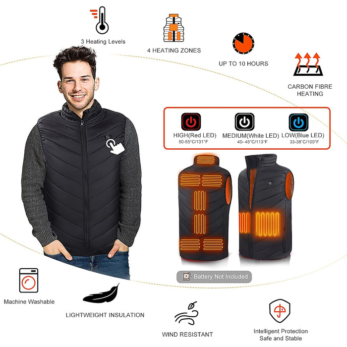 Обогрівальний жилет для чоловіків Monave: тепла куртка з 3 режимами для мотоцикла, кемпінгу, катання на лижах та повсякденного носіння. Чорний (Powerbank не входить до комплекту), XL