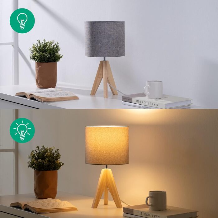 Торшер EDISHINE (2 шт.) з дерева, LED, бежевий абажур з льону, патрон E27, з лампою, вінтажний, для спальні, вітальні, подарунок (сірий)