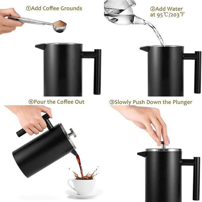 French Press Thermo with Keep-Warm Function, Coffee Maker made of double-walled stainless steel 0.65l, Replacement Filter I Coffee Press also for Home (Black, 650ml)