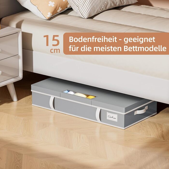 Комод під ліжко LAMU 2 шт., ящик для зберігання під ліжко з кришкою, великий, складний, сумка для зберігання одягу з віконцем та 4 ручками для ковдр, одягу, взуття, сірий, 80x40x15 см, 48 л, сірий