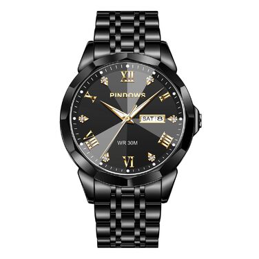 Годинник чоловічий PINDOWS Luxus Quarz аналоговий з датою та великим циферблатом, водостійкий, модний, бізнес-стиль. Елегантний двоколірний годинник з нержавіючої сталі з підсвічуванням календаря De650n1: Чорний
