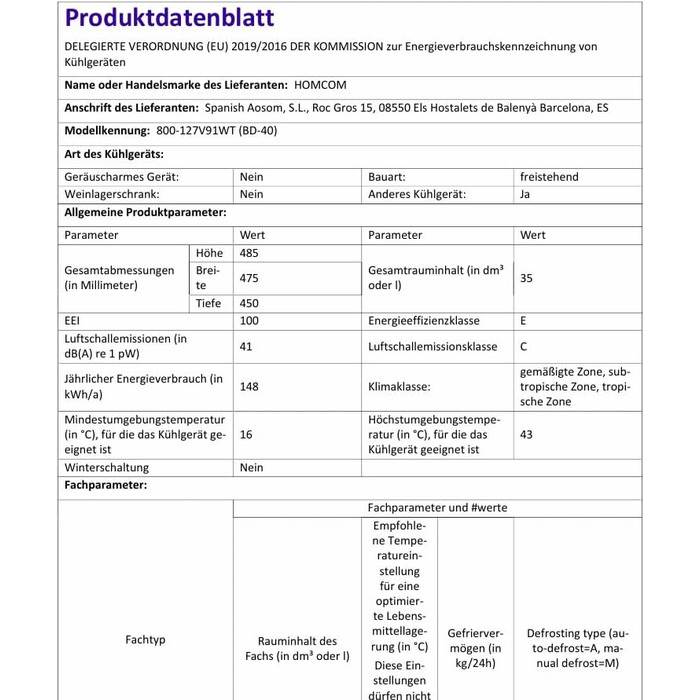 Mini морозильна камера HOMCOM 35 л, електрична, окремо стояча, 45 Вт, -14°C до -24°C, 5-рівневе регулювання температури, 47 x 44,2 x 48,8 см (біла)